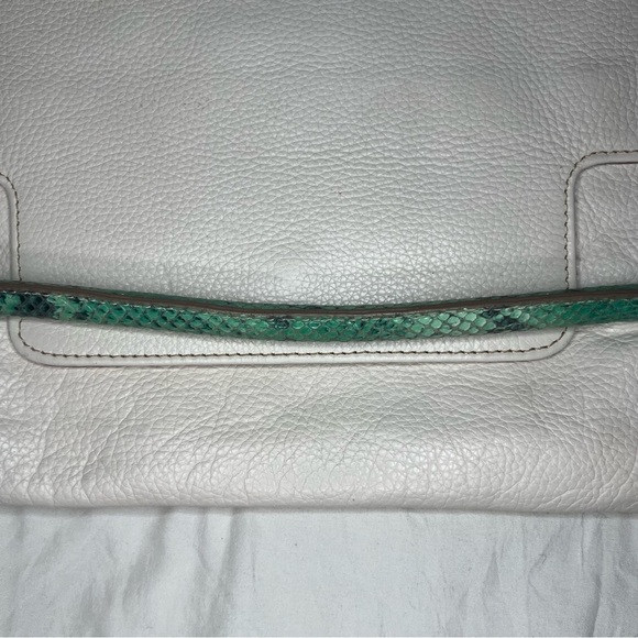 Iacucci White Pebbled Leather Large Clutch, Teal Snake Skin Leather Accent